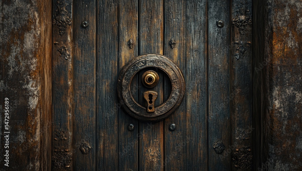 Aged Wooden Door with Intricate Lock Aged Wooden Door with Intricate Lock