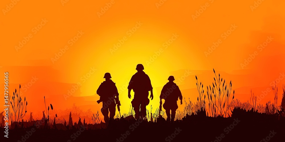 Naklejka premium soldiers at sunset - a squadron of military personnel walking outdoors to patrol the open landscape at dusk, 
