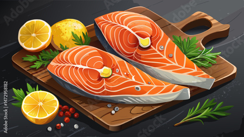 Fresh salmon fillets on black cutting board with herbs and spices.