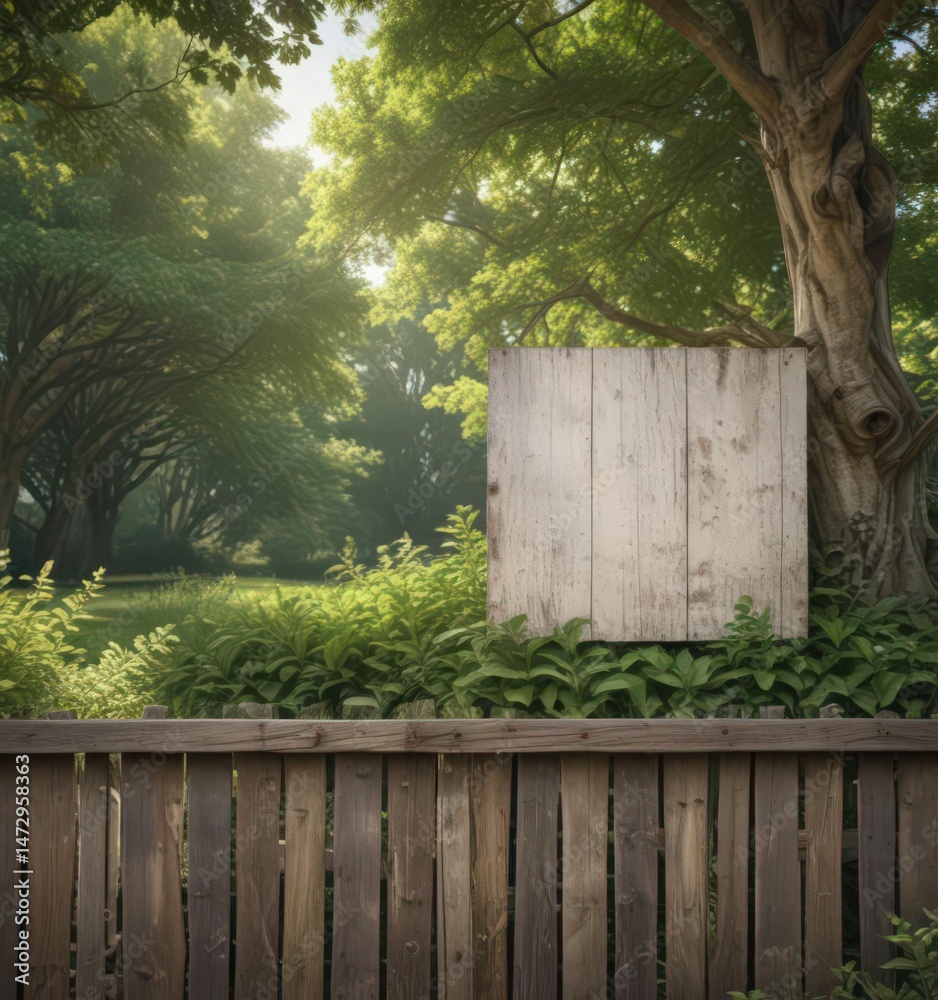 Fototapeta premium Outdoor poster on weathered fence, leafy park backdrop, design, rustic