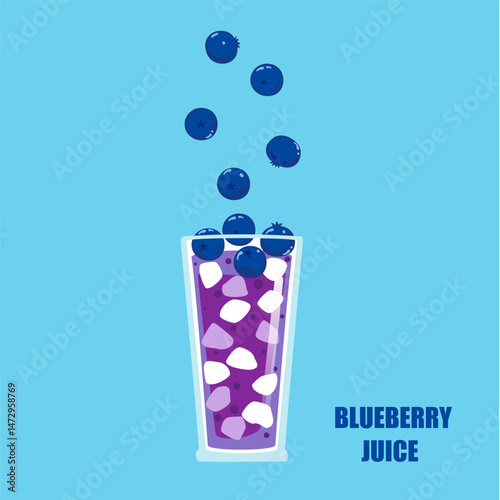 Vector illustration of a cartoon-style drink, Blueberry juice, fruit juice, ice in a tall glass. Bright and fun modern style. It is used in drink menu design, advertisement, food, and health websites.