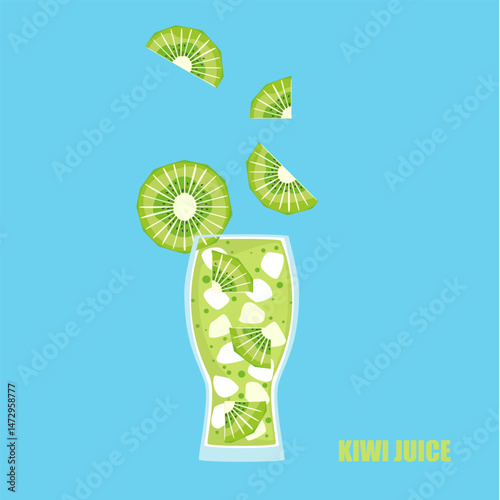 Vector illustration of a cartoon-style drink, Kiwi juice, fruit juice, ice in a tall glass. Bright and fun modern style. It is used in drink menu design, advertisement, food, and health websites.