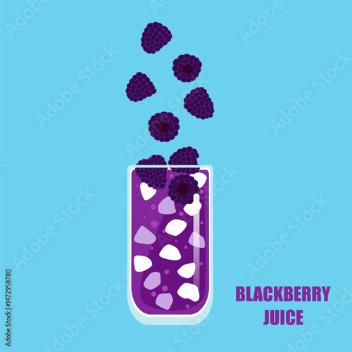 Vector illustration of a cartoon-style drink, Blackberry Juice, fruit juice, ice in a tall glass. Bright and fun modern style. It is used in drink menu design, advertisement, food, and health websites