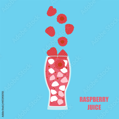 Vector illustration of a cartoon-style drink, Raspberry Juice, fruit juice, ice in a tall glass. Bright and fun modern style. It is used in drink menu design, advertisement, food, and health websites.