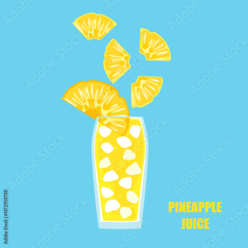 Vector illustration of a cartoon-style drink, Pineapple Juice, fruit juice, ice in a tall glass. Bright and fun modern style. It is used in drink menu design, advertisement, food, and health websites.