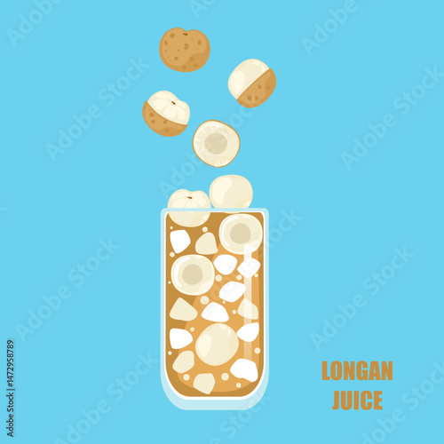 Vector illustration of a cartoon-style drink, Longan juice, fruit juice, ice in a tall glass. Bright and fun modern style. It is used in drink menu design, advertisement, food, and health websites.