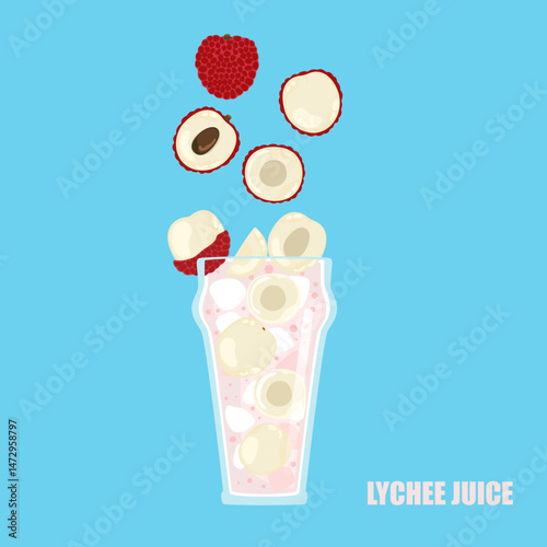 Vector illustration of a cartoon-style drink, Lychee juice, fruit juice, ice in a tall glass. Bright and fun modern style. It is used in drink menu design, advertisement, food, and health websites.
