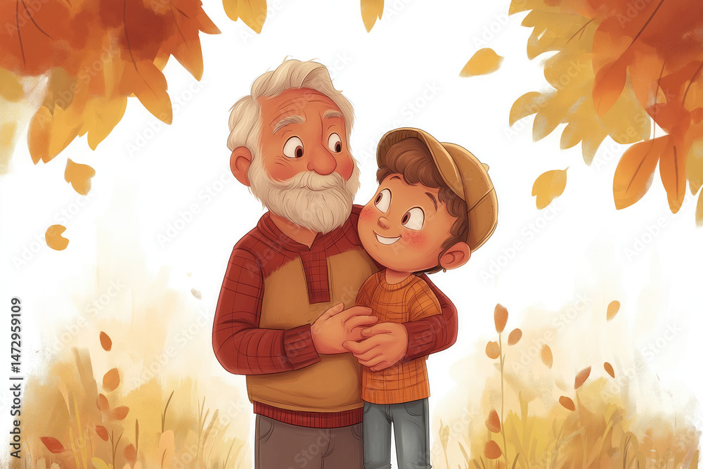 Fototapeta premium Grandfather and grandson embrace autumn