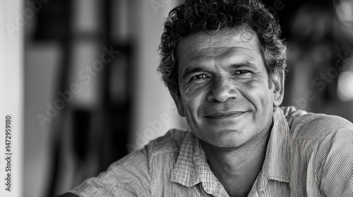 Black and white portrait of a middle-aged man with a gentle smile