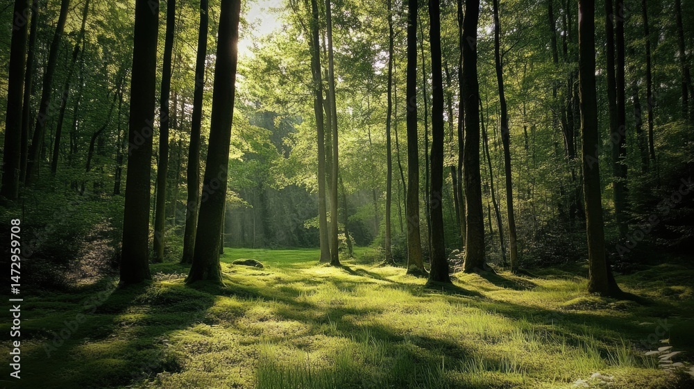 Fototapeta premium Sunlight Filtering Through Tall Trees in a Tranquil Woodland Clearing with Green Grass