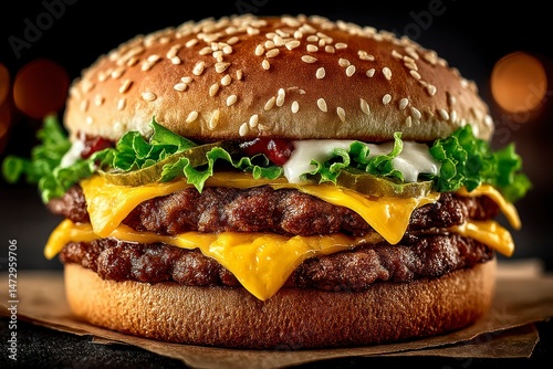 Juicy Double Cheeseburger with Fresh Ingredients and Sesame Seed Bun Perfect for Fast Food Adv