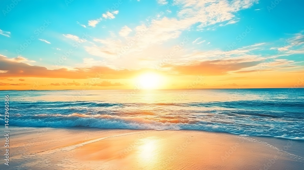 Obraz premium Stunning Sunset Beach Scene Ocean Waves Golden Hour