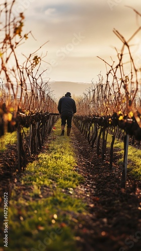 Person walks vineyard path, autumn sunset.