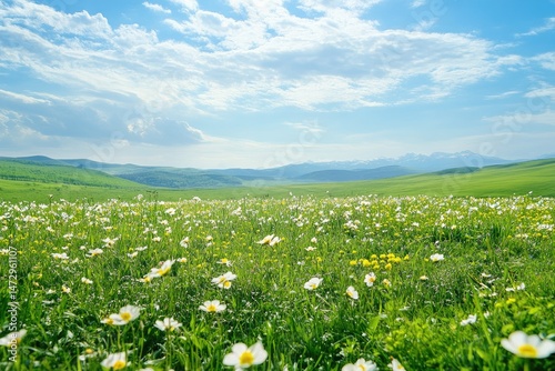 Vast meadow, wildflowers, blue sky