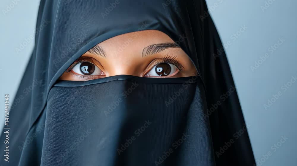 Gaze Through the Veil: A close-up shot captures the intense, focused eyes of a woman in a black niqab, inviting the viewer into a world of culture, privacy, and grace. Gaze Through the Veil: A close-up shot captures the intense, focused eyes of a woman in a black niqab, inviting the viewer into a world of culture, privacy, and grace.