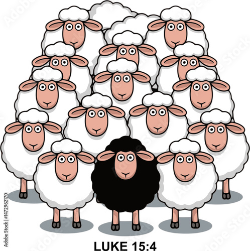Black Sheep Among White Flock – Inspirational Christian Vector Illustration Representing LUKE 15:4 Bible Verse About the Lost Sheep
