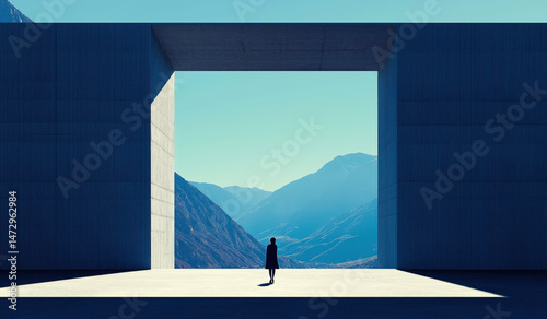 Vibrant sky blue brutalism minimalist cement house exterior, facade architecture in Palm springs, desert with palm trees, desert mountain view in background, cinematic artsy film set design concept