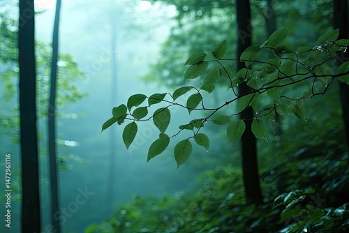 Misty forest branch with leaves photo