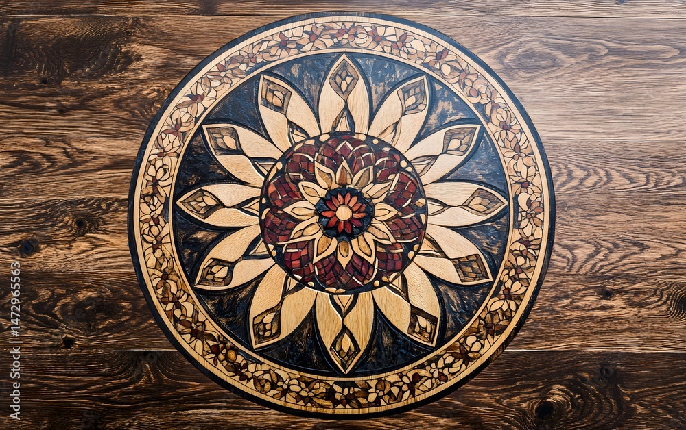 Obraz premium Intricate Wooden Mandala Design Circular Pattern on Dark Wood