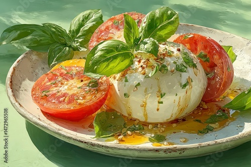 Fresh Caprese Salad with Tomatoes Basil and Cheese on a Plate