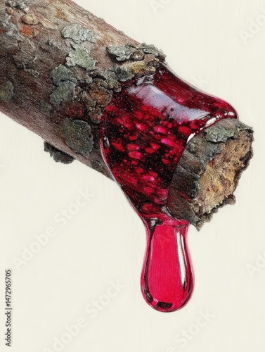Close-up of red resin dripping from bark dragon's blood tree, showcasing realistic botanical details in nature.