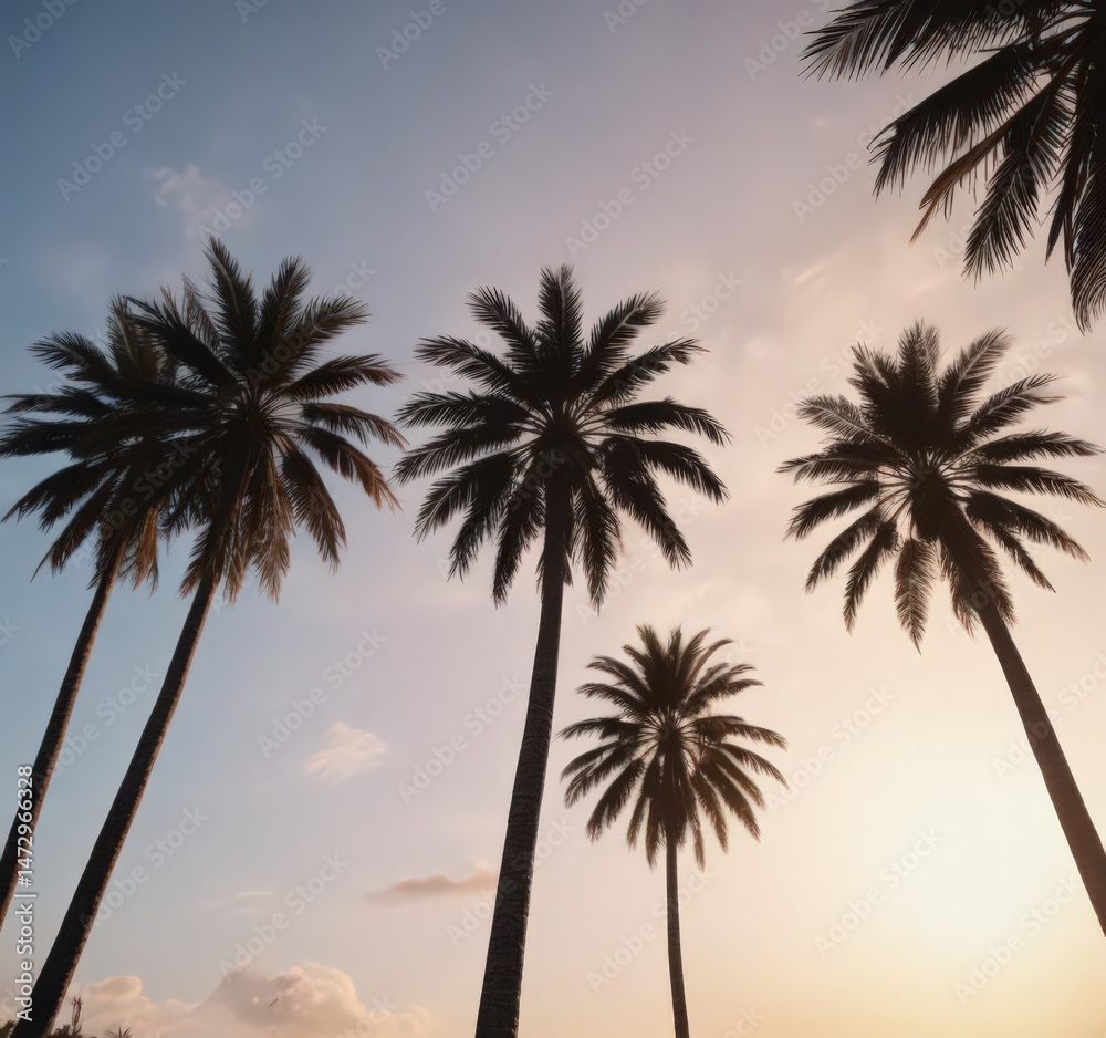 Obraz premium Tall palm tree silhouettes against a bright sky, clipart, summer, trees