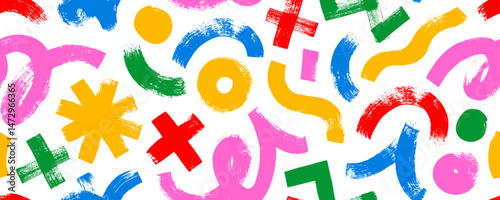 Abstract funky seamless pattern with childish bold geometric lines, figures and quirky shapes. Hand drawn colorful doodle grunge background with dry brush texture. Vector marker strokes.
