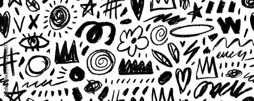 Seamless banner design with crayon drawn funky shapes, lines and doodles. Freehand cute kid scribbles and squiggles, flowers, cute girly shapes. Childish seamless pattern with texture lines.
