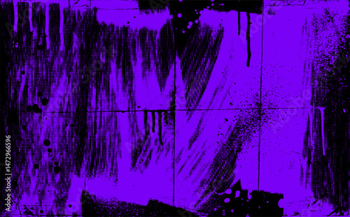 Violet and black colored grunge punk texture background with halftone overlay and paint drops. Modern urban graffiti style banner or poster design. Graffiti punk grunge banner with distress texture.