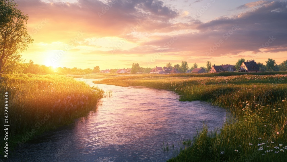 Obraz premium Serene rural sunset over a tranquil river. Fields and houses bathed in warm golden light