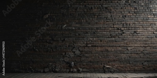 Black, textured grunge brick wall  Deep shadows, crumbling mortar  Atmospheric bleakness , urban, rough
