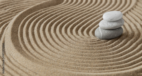 Canvas Print Japanese zen garden meditation, stone background with stones and lines in the sand for relaxation balance and harmony spirituality or wellness spa, calm pastel beige color, zen stones
