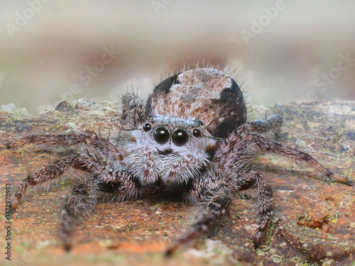 An Extreme Focus Stacked Close-up Image of a Tan Jumping Spider on a Brick Wall