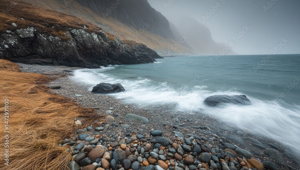 Obraz premium Coastal scene of a pebble beach, mist-shrouded mountains and churning waves