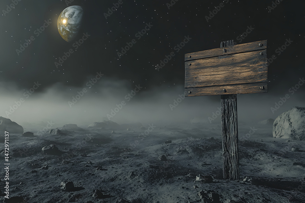 Fototapeta premium A wooden signpost stands on a desolate lunar landscape, with Earth visible in the starry sky above