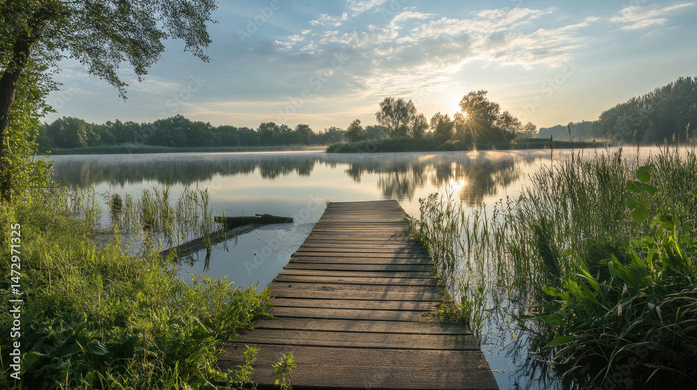 Fototapeta premium Tranquil wooden path over calm water