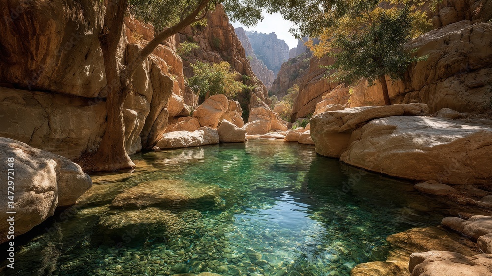 Naklejka premium Hidden freshwater pool in Wadi Dirhur surrounded by lush vegetation, ideal for nature and adventure enthusiasts.