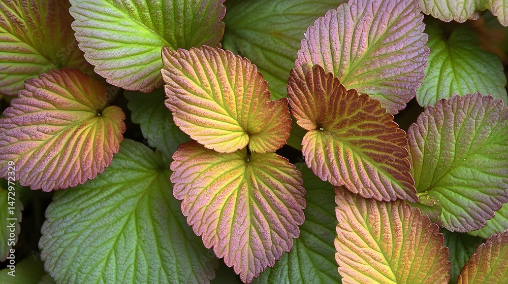Fototapeta premium Vibrant Autumn Strawberry Leaves Closeup Texture