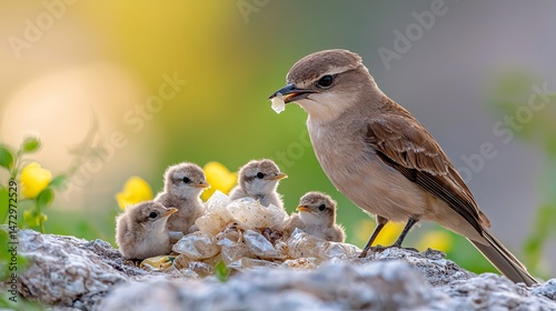 A nurturing bird caring for its adorable chicks amidst a vibrant natural backdrop.