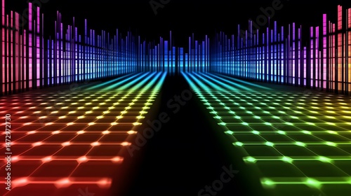 Abstract Colorful Rainbow Grid and Light Bars Background
