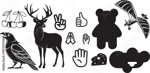 Symbolic Vector Set: A diverse collection of vector illustrations including fruits, animals, and various hand gestures, creatively arranged to enhance designs.