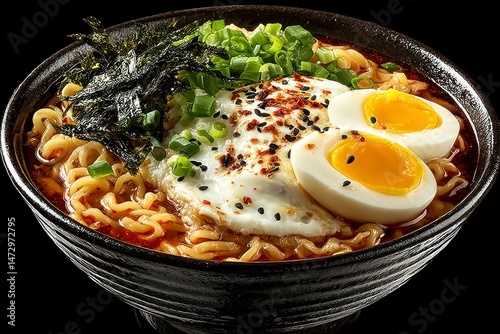 Delicious Bowl of Spicy Noodles with SoftBoiled Eggs Seaweed and Fresh Green Onions  Perfec