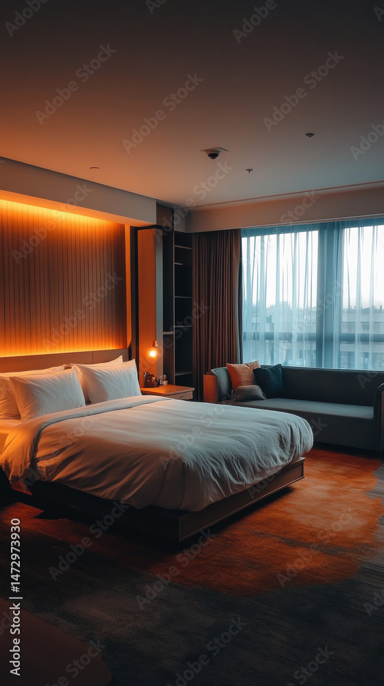 Obraz premium Spacious Hotel Room with Large Bed, Couch, and Natural Light Coming through the Curtained Window