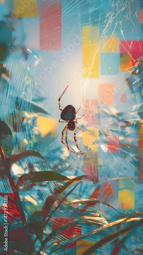 A vibrant spider web scene with a spider and vibrant colors.