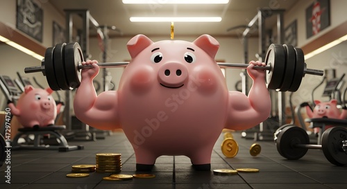 A piggy bank with large muscles lifting a barbell with money on the floor in a gym, symbolizing financial strength and investment.