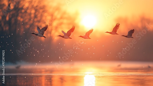 Sunrise flight of birds over a calm lake photo