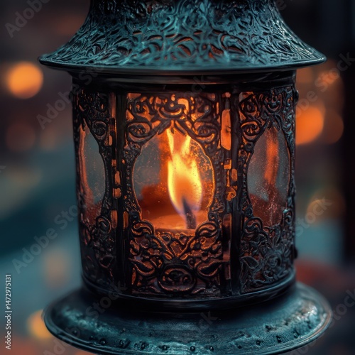Decorative lantern with candle flame photo