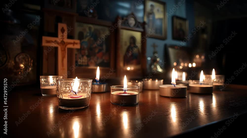 Lit votive candles on a wooden altar with Orthodox Christian icons and crucifix in the background, spiritual ambient scene ideal for prayer, faith, meditation, and religious content

