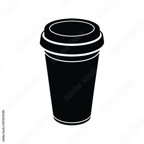 A simple black and white illustration of a disposable coffee cup with a lid on a white background