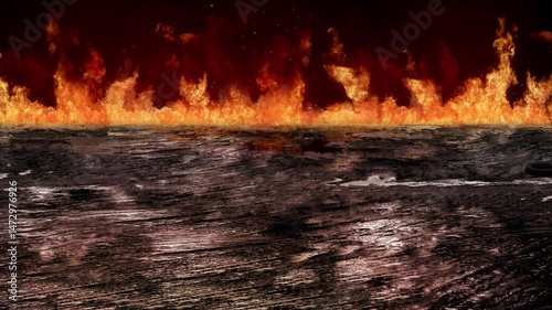 Muddy Field Burning Background 4K Loop features a long line of flames in the distance with a muddy field in the foreground with slight reflection on water pools in a loop.